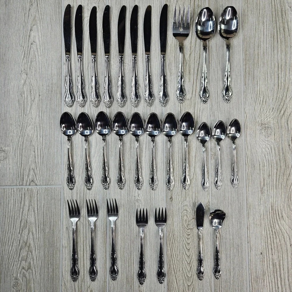 Northland Stainless Malmaison Flatware Set 29 Pcs Ornate Floral Korea Silverware